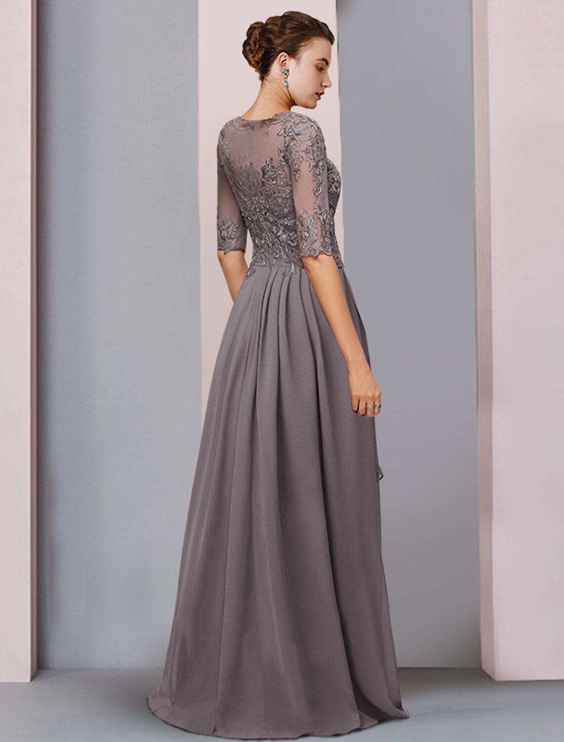 Sheath / Column Mother of the Bride Dress Wedding Guest Party Elegant Scoop Neck Asymmetrical Chiffon Lace Half Sleeve with Pleats