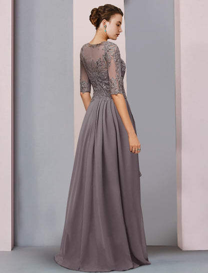 Sheath / Column Mother of the Bride Dress Wedding Guest Party Elegant Scoop Neck Asymmetrical Chiffon Lace Half Sleeve with Pleats
