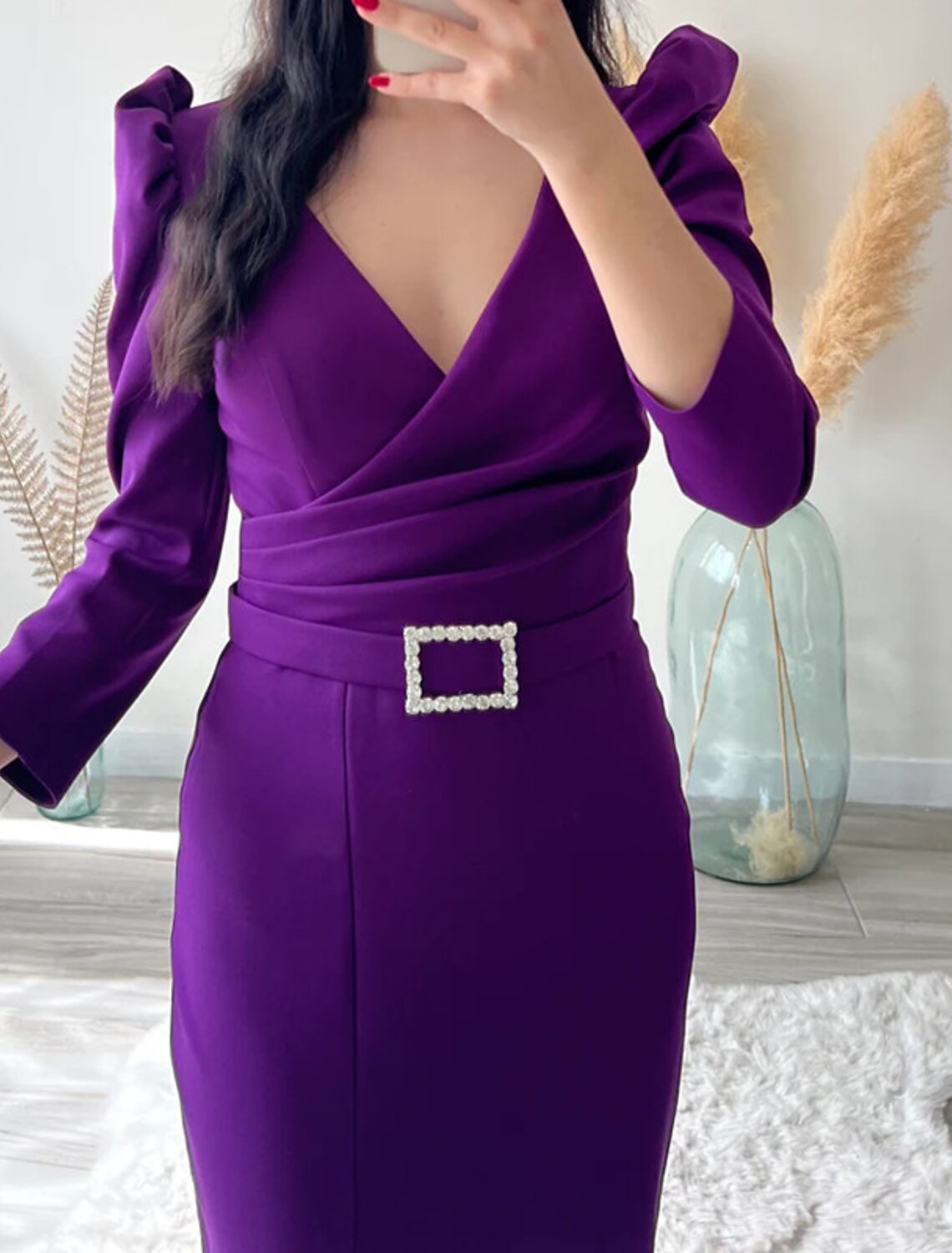 Sheath / Column Evening Gown Purple Cocktail Work Dress Formal Ankle Length Long Sleeve V Neck Fabric with Sash / Ribbon Ruched Slit