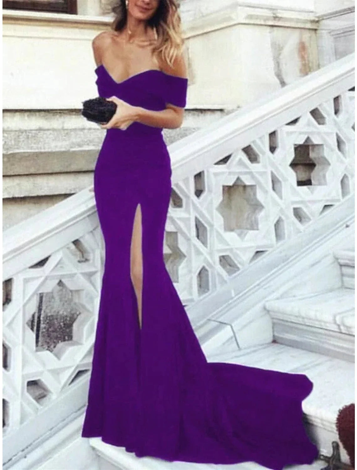 A-Line Evening Gown Elegant Dress Formal Court Train Short Sleeve Off Shoulder Fabric with Pleats Slit