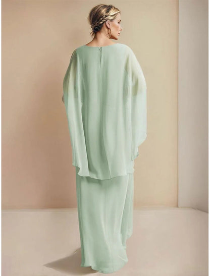 A-Line Mother of the Bride Dress Sage Wedding Guest Elegant Simple Wrap Included V Neck Floor Length Chiffon 3/4 Length Sleeve with Pleats Ruched Ruffles