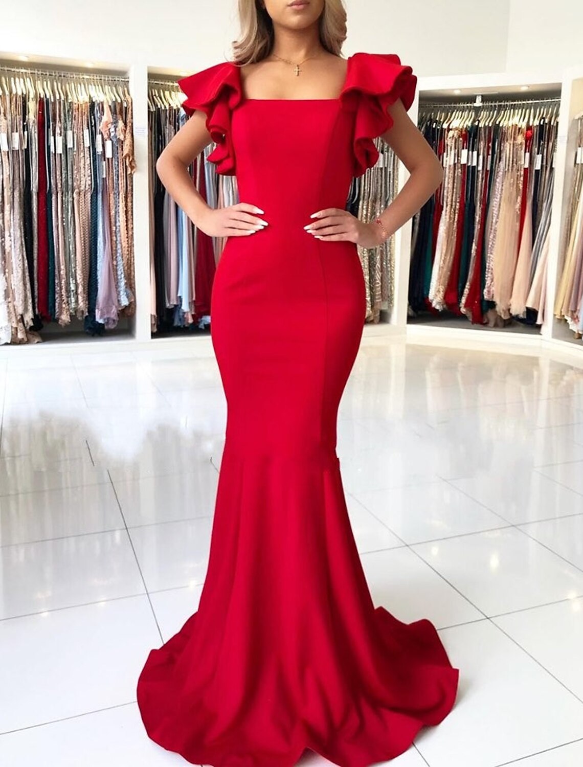 Mermaid / Trumpet Evening Gown Backless Dress Wedding Cocktail Party Sweep / Brush Train Sleeveless Square Neck Fabric with Ruffles