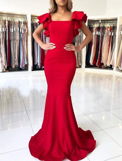 Mermaid / Trumpet Evening Gown Backless Dress Wedding Cocktail Party Sweep / Brush Train Sleeveless Square Neck Fabric with Ruffles