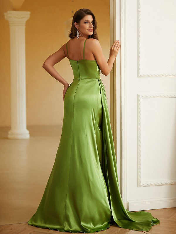 Sheath/Column Woven Satin Ruched V-neck Sleeveless Sweep/Brush Train Dresses