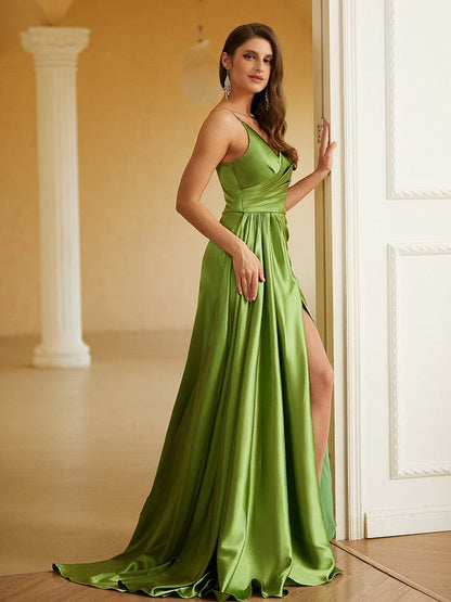 Sheath/Column Woven Satin Ruched V-neck Sleeveless Sweep/Brush Train Dresses