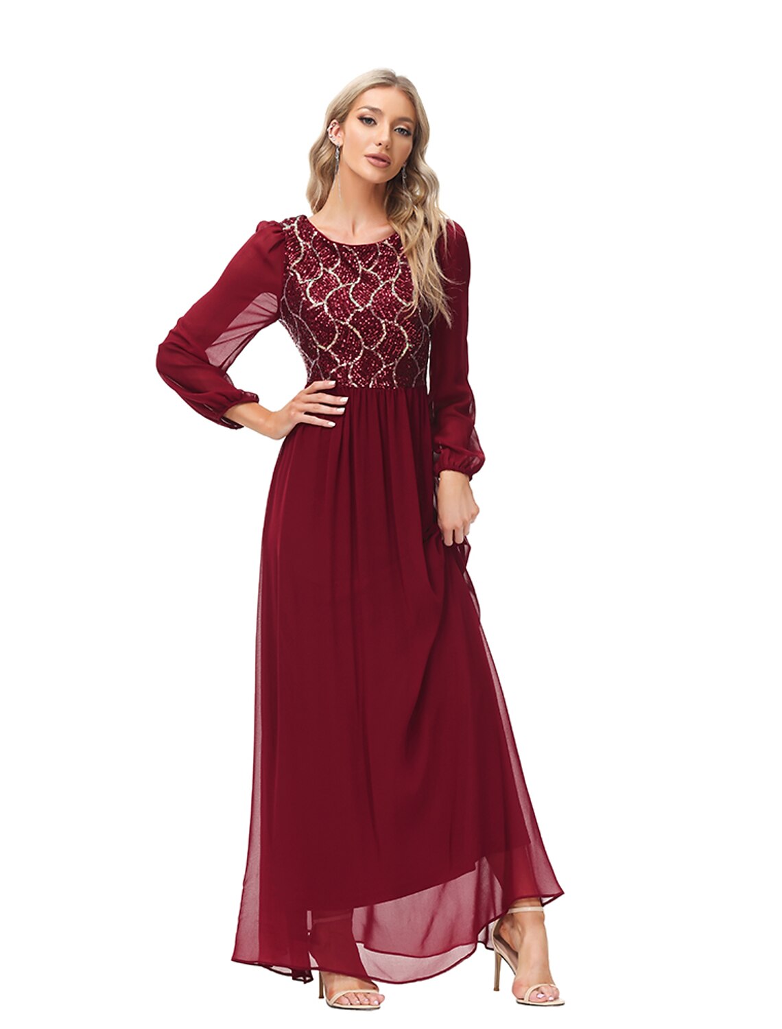 A-Line Evening Gown Empire Dress Party Wear Wedding Guest Floor Length Long Sleeve Jewel Neck Chiffon V Back with Sequin Splicing
