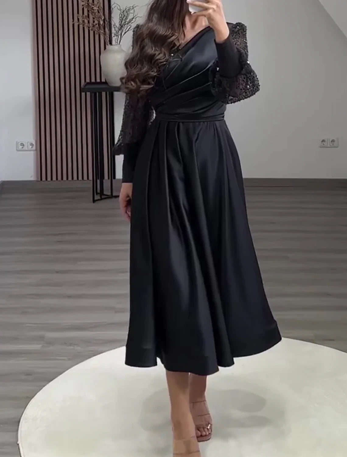 A-Line Cocktail Dresses Sparkle Black Dress Wedding Party Wear Tea Length Long Sleeve V Neck Charmeuse with Ruched Pearls Sequin 2026