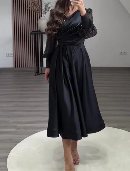 A-Line Cocktail Dresses Sparkle Black Dress Wedding Party Wear Tea Length Long Sleeve V Neck Charmeuse with Ruched Pearls Sequin 2026