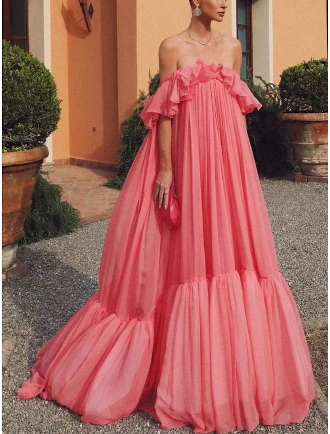 Sheath / Column Evening Gown Elegant Dress Formal Wedding Guest Sweep / Brush Train Short Sleeve Off Shoulder Tulle with Pleats Ruffles 2026