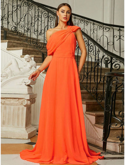 A-Line Evening Gown Elegant Dress Formal Wedding Guest Sweep / Brush Train Short Sleeve One Shoulder Fabric with Pleats Ruched