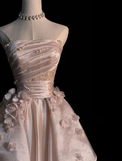 Pearl Pink Strapless A-Line Tulle Long Prom Gowns With Pearls