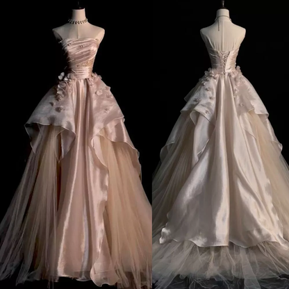 Pearl Pink Strapless A-Line Tulle Long Prom Gowns With Pearls