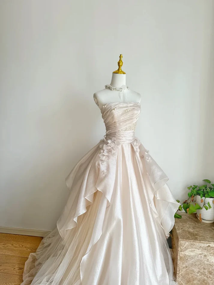 Pearl Pink Strapless A-Line Tulle Long Prom Gowns With Pearls