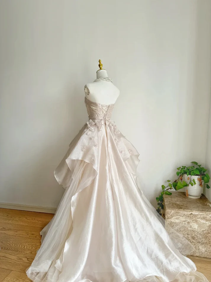 Pearl Pink Strapless A-Line Tulle Long Prom Gowns With Pearls