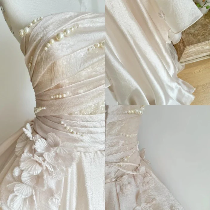 Pearl Pink Strapless A-Line Tulle Long Prom Gowns With Pearls