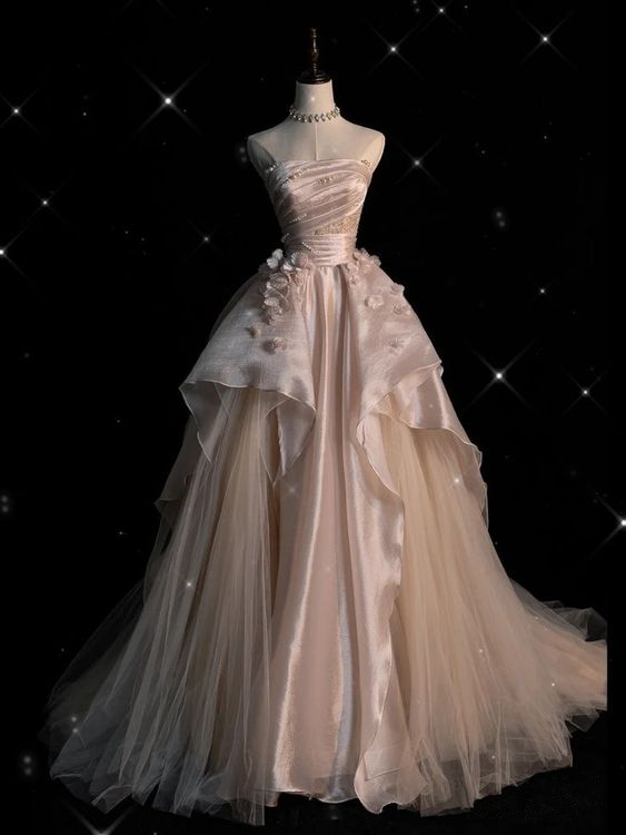Pearl Pink Strapless A-Line Tulle Long Prom Gowns With Pearls