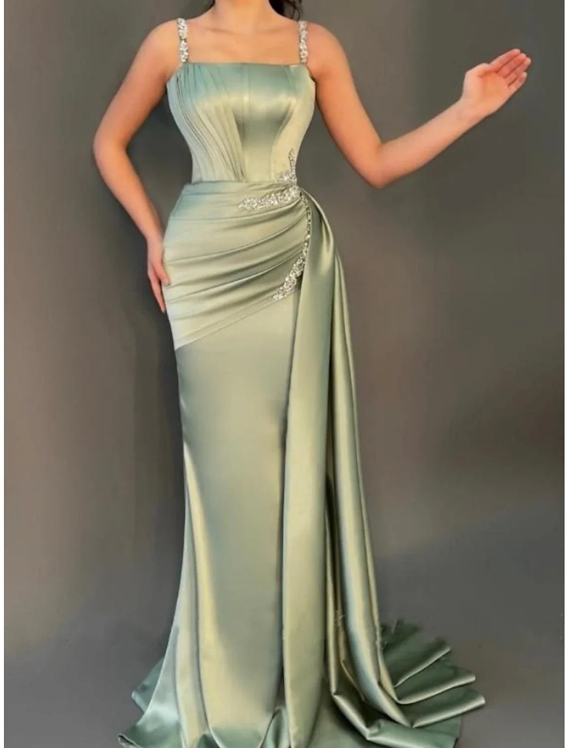 A-Line Evening Gown Elegant Dress Formal Sweep / Brush Train Christmas Red Green Dress Sleeveless Spaghetti Strap Satin with Pleats Ruched Crystals 2026