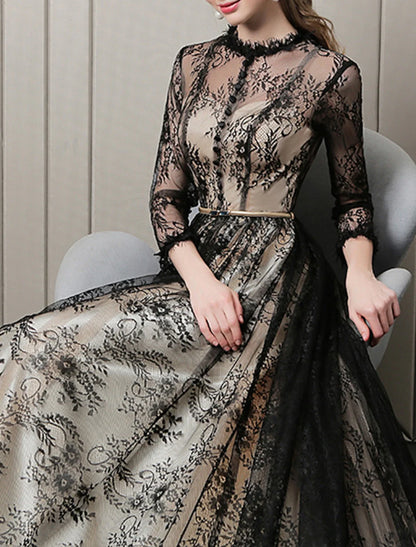 A-Line Evening Gown Cut Out Dress Wedding Guest Formal Evening Sweep / Brush Train 3/4 Length Sleeve Jewel Neck Lace with Pattern / Print 2026