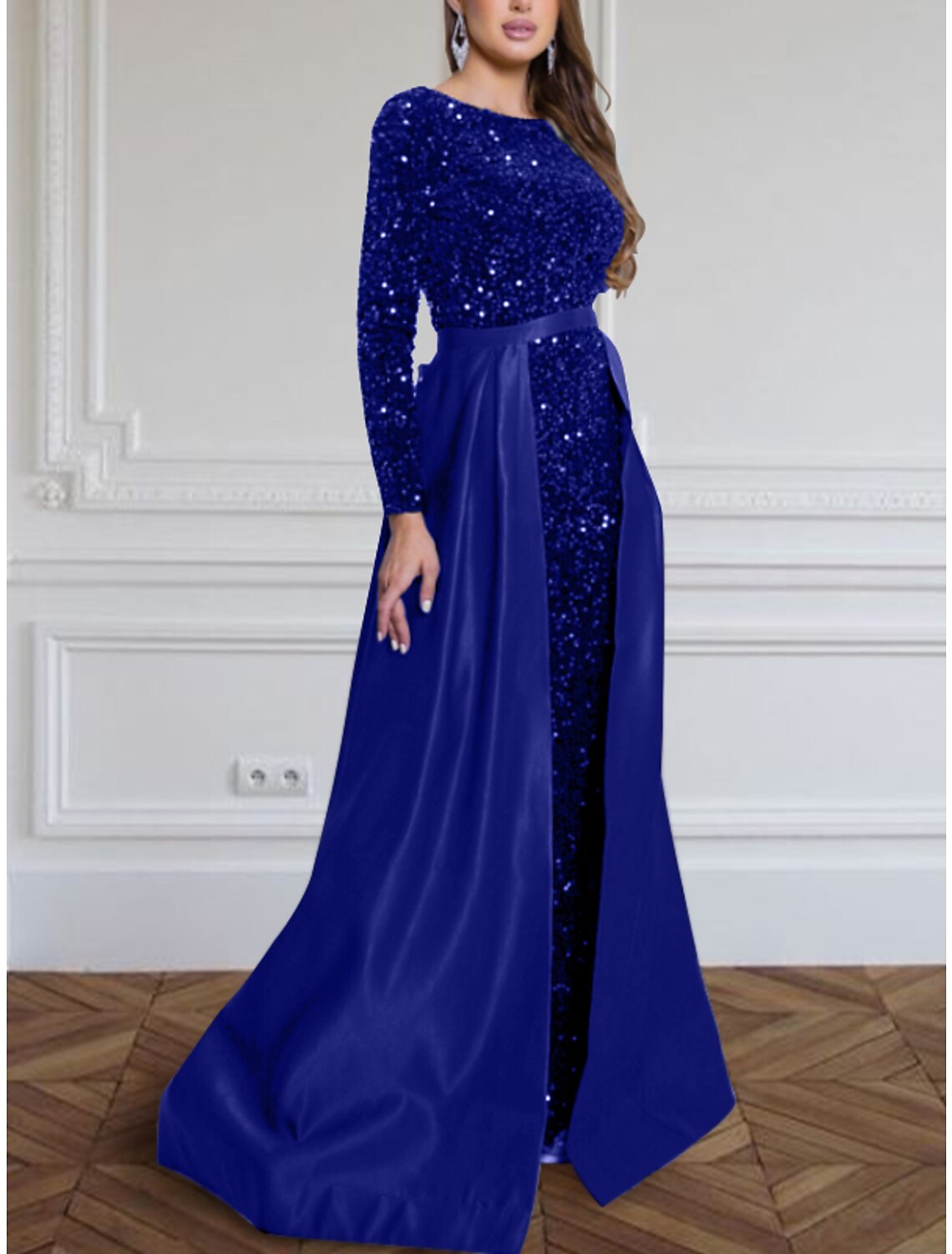 A-Line Evening Gown Sparkle & Shine Black Dress Plus Size Formal Fall Sweep / Brush Train Long Sleeve Jewel Neck Sequined with Glitter Pleats 2026