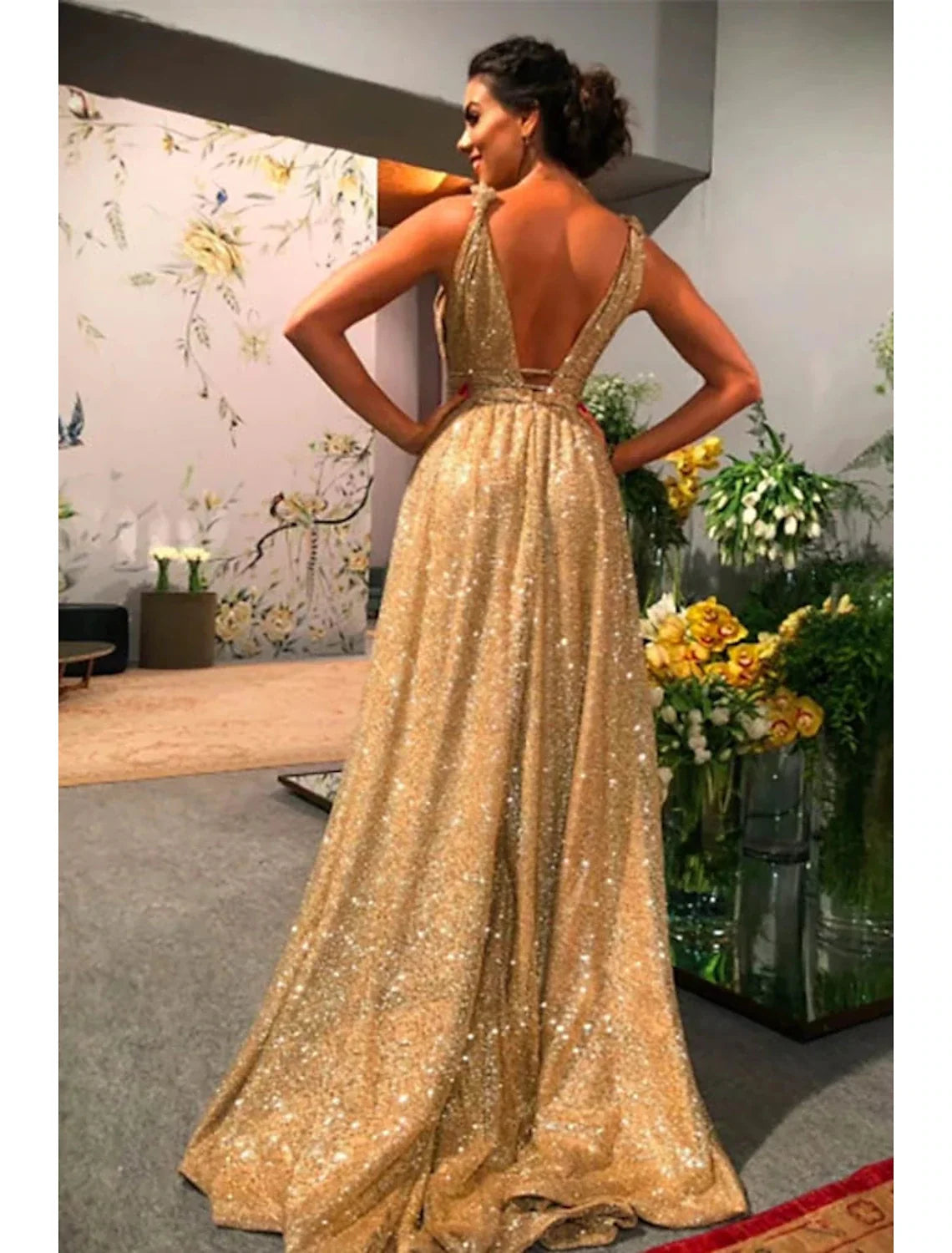 A-Line Prom Dresses Glittering Dress Evening Party Dress Formal Evening Sweep / Brush Train Sleeveless Spaghetti Strap Satin Backless with Rhinestone