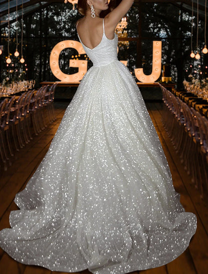 Hall Sparkle & Shine Casual Wedding Dresses A-Line Camisole V Neck Spaghetti Strap Sweep / Brush Train Sequined Bridal Gowns With Solid Color Summer Fall Wedding Party 2026, Women's Clothing