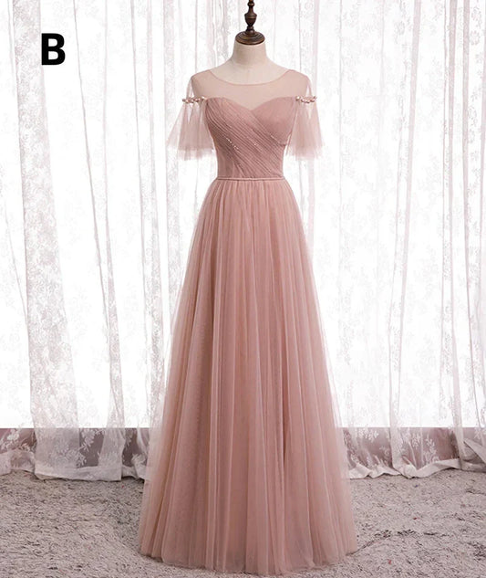 Pink Elegant A-Line Tulle Long Ball Gowns Prom Gowns Bridesmaid Dresses