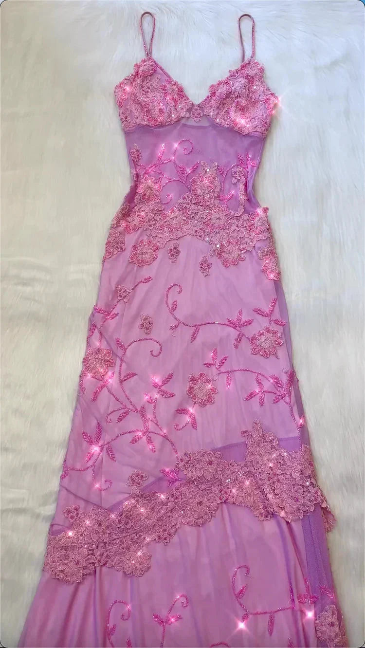 Pink Fashion Exquisite Beaded Spaghetti Strap A-Line Lace Floor Length Elegant Ball Gowns Prom Dresses