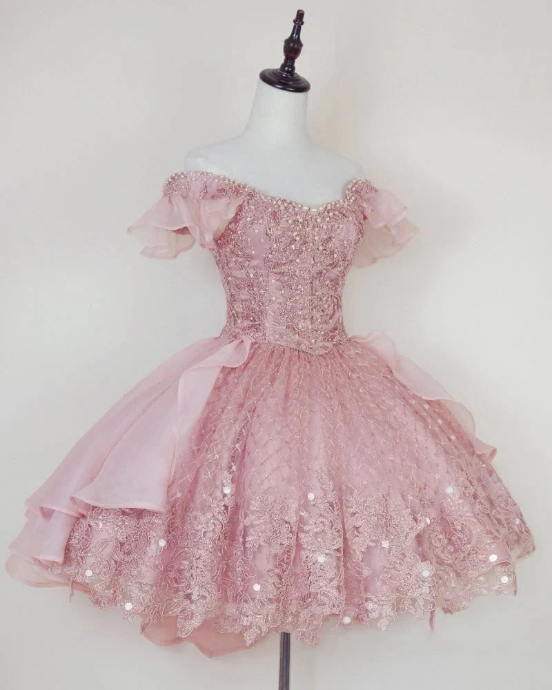 Vintage Pink Beading Design Short Evening Dress, A-line Off-the-shoulder Homecoming Dress TP3396