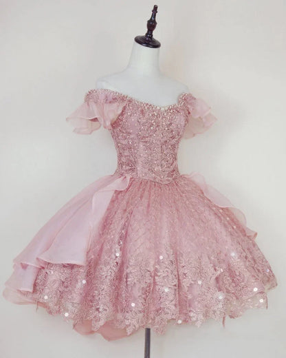 Vintage Pink Beading Design Short Evening Dress, A-line Off-the-shoulder Homecoming Dress TP3396