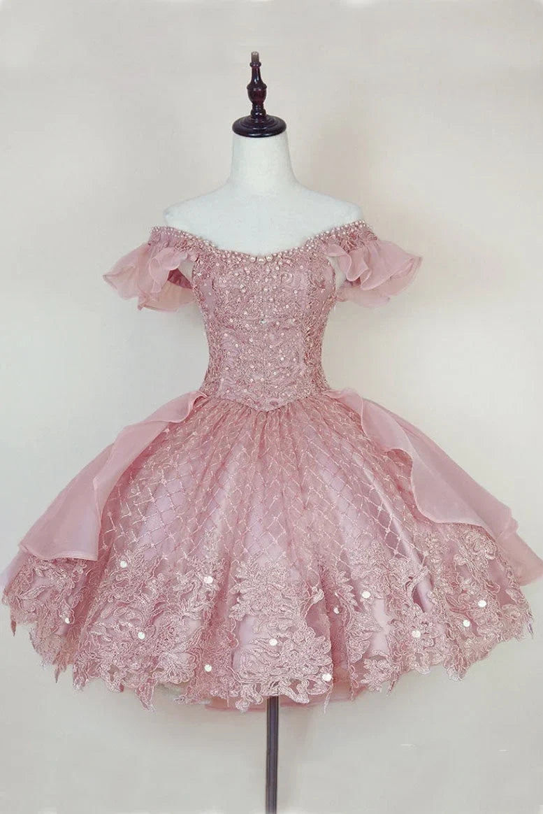 Vintage Pink Beading Design Short Evening Dress, A-line Off-the-shoulder Homecoming Dress TP3396