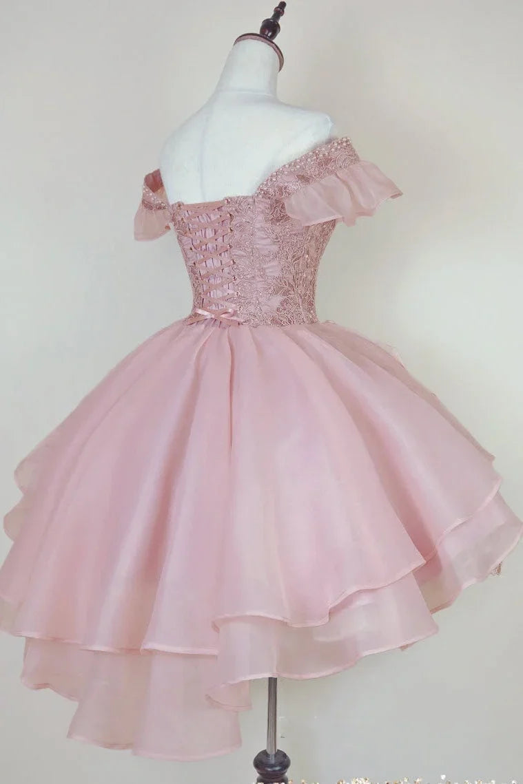 Vintage Pink Beading Design Short Evening Dress, A-line Off-the-shoulder Homecoming Dress TP3396