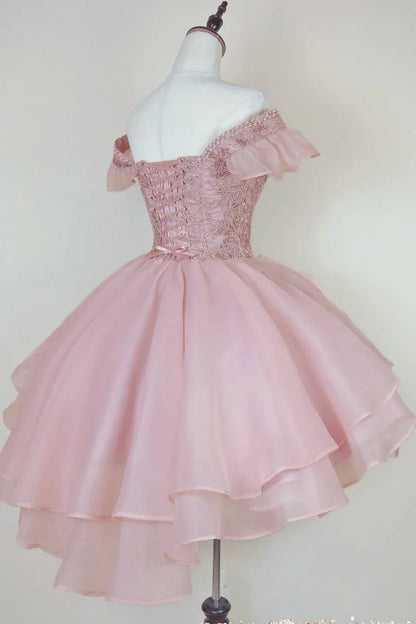 Vintage Pink Beading Design Short Evening Dress, A-line Off-the-shoulder Homecoming Dress TP3396