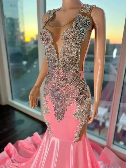 Pink Gorgeous Exquisite Beaded Elegant Stunning Mermaid Long Satin Floor Length Train Prom Dress Prom Gowns Prom Dresses