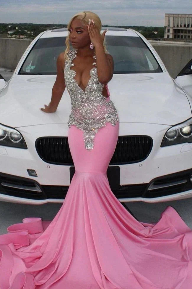 Pink Gorgeous Exquisite Beaded Elegant Stunning Mermaid Long Satin Floor Length Train Prom Dress Prom Gowns Prom Dresses