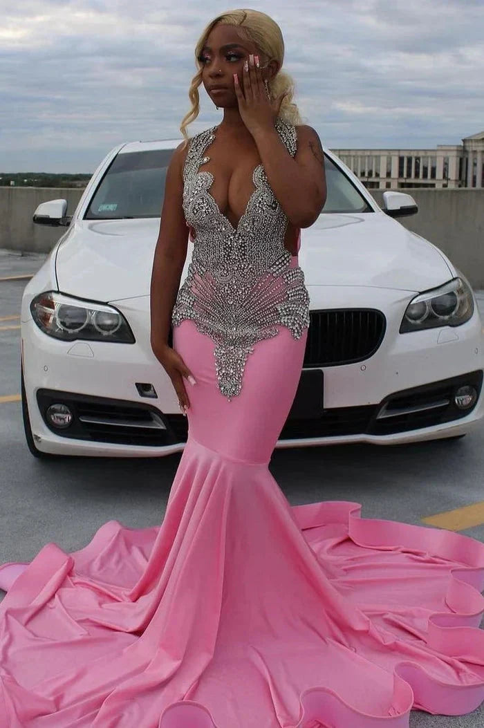 Pink Gorgeous Exquisite Beaded Elegant Stunning Mermaid Long Satin Floor Length Train Prom Dress Prom Gowns Prom Dresses