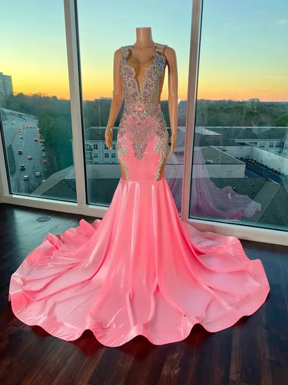 Pink Gorgeous Exquisite Beaded Elegant Stunning Mermaid Long Satin Floor Length Train Prom Dress Prom Gowns Prom Dresses