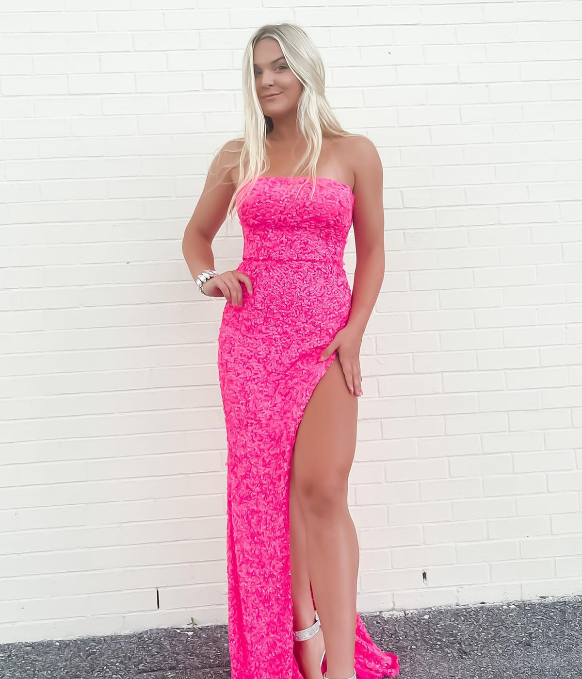 Pink Sequin Long Prom Dresses Strapless Mermaid Prom Gowns