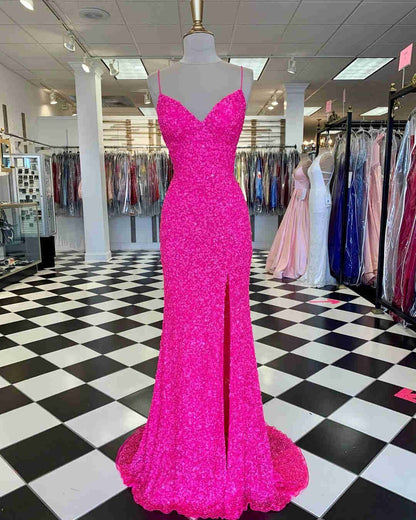 Pink Sequin Long Prom Dresses Spaghetti Straps Prom Gowns