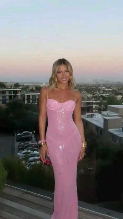 Pink Shiny Fashion Elegant Long Mermaid Slim Sequin Ball Gowns Prom Dress