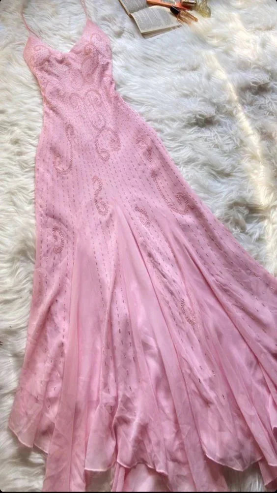 Pink Spaghetti Strap Beaded A-Line Long Elegant Ball Gowns Prom Dress