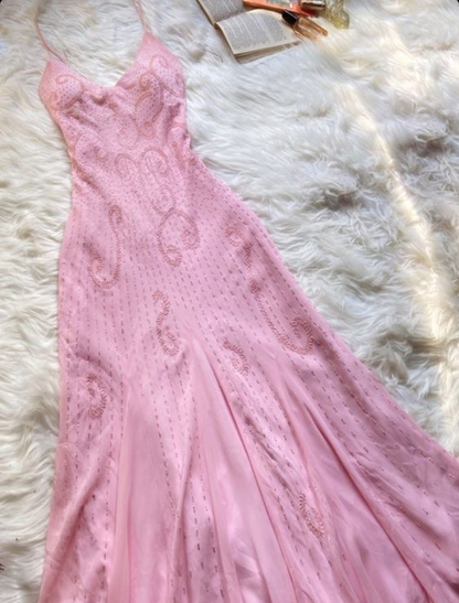 Pink Spaghetti Strap Beaded A-Line Long Elegant Ball Gowns Prom Dress