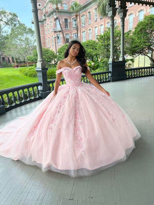 Pink Tulle Applique Long Prom Dress Quinceanera Dresses Ball Gowns