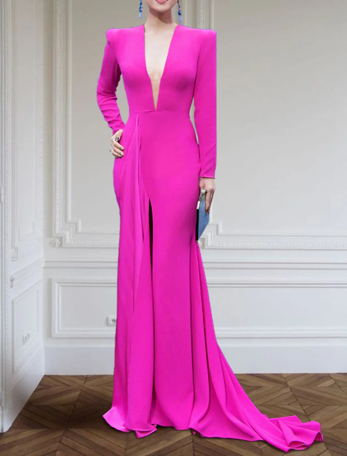 A-Line Evening Gown Elegant Black Champagne Dress Plus Size Dress Formal Sweep / Brush Train Long Sleeve V Neck Fabric with Pleats Slit