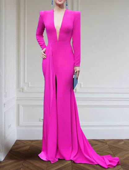 A-Line Evening Gown Elegant Black Champagne Dress Plus Size Dress Formal Sweep / Brush Train Long Sleeve V Neck Fabric with Pleats Slit