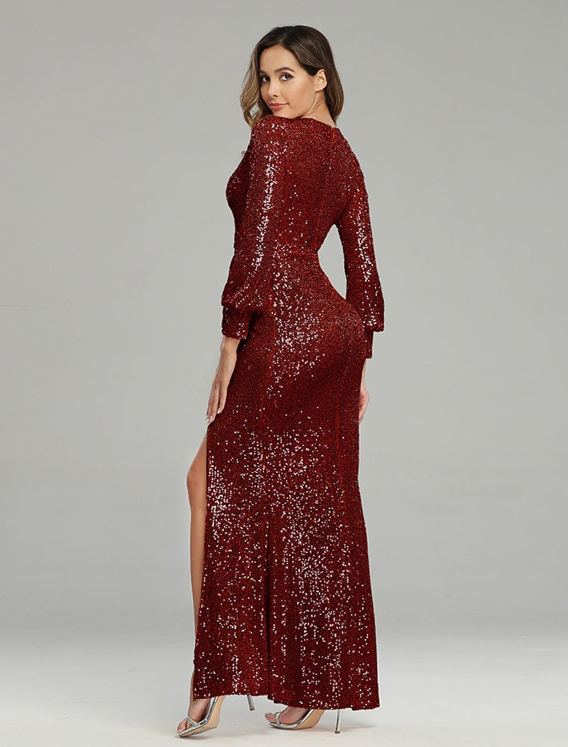 Mermaid / Trumpet Evening Gown Sparkle Dress Party Wear Wedding Guest Floor Length Long Sleeve V Neck Sequined with Sequin
