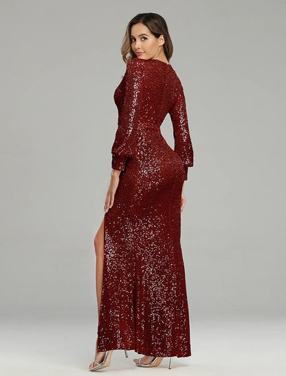 Mermaid / Trumpet Evening Gown Sparkle Dress Party Wear Wedding Guest Floor Length Long Sleeve V Neck Sequined with Sequin