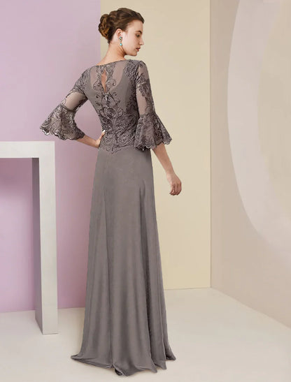 A-Line Mother of the Bride Dress Formal Elegant V Neck Sweep / Brush Train Lace Chiffon 3/4 Length Sleeve with Beading Appliques