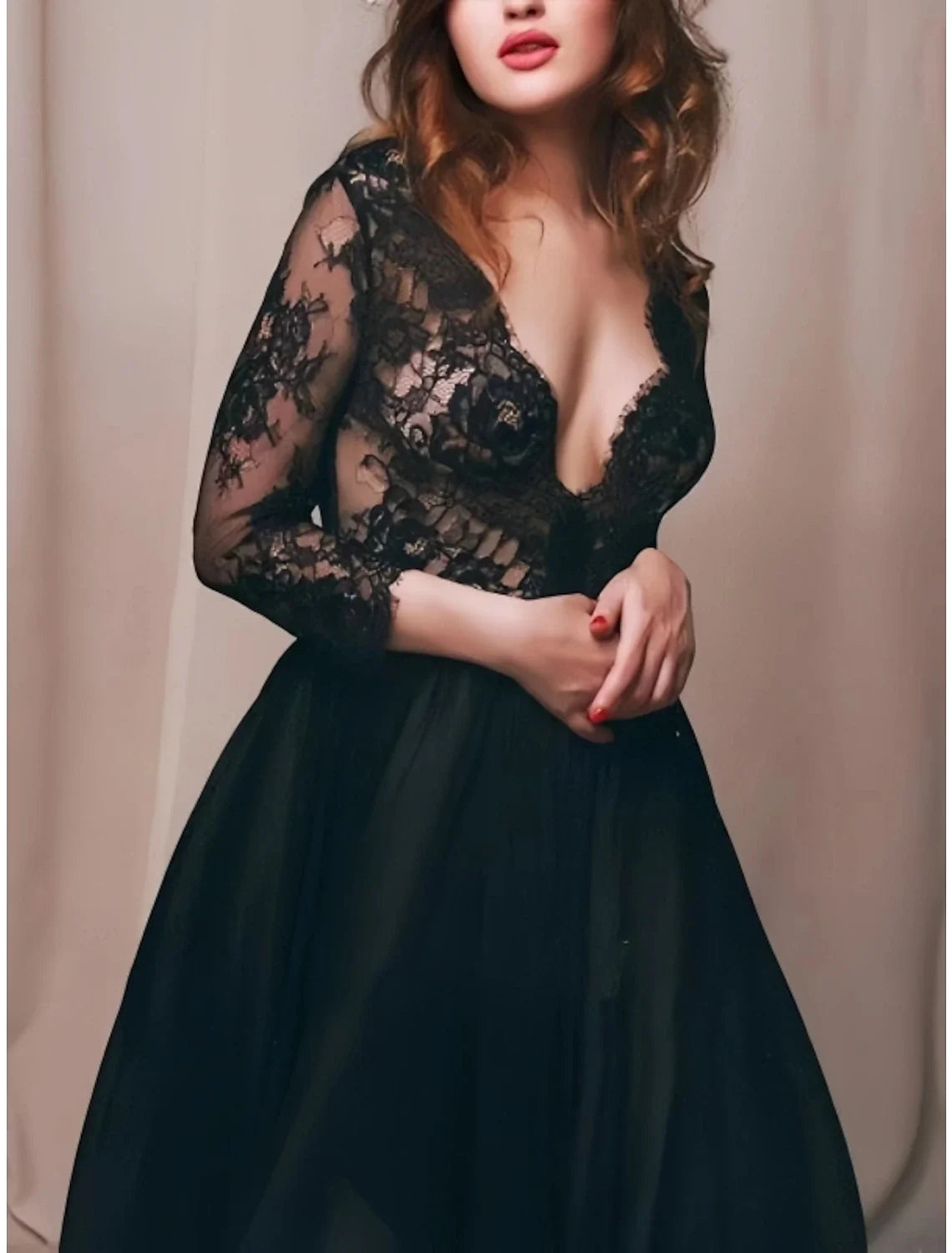 A-Line Evening Gown Party Dress Birthday Fall Floor Length 3/4 Length Sleeve V Neck Satin with Pleats 2026