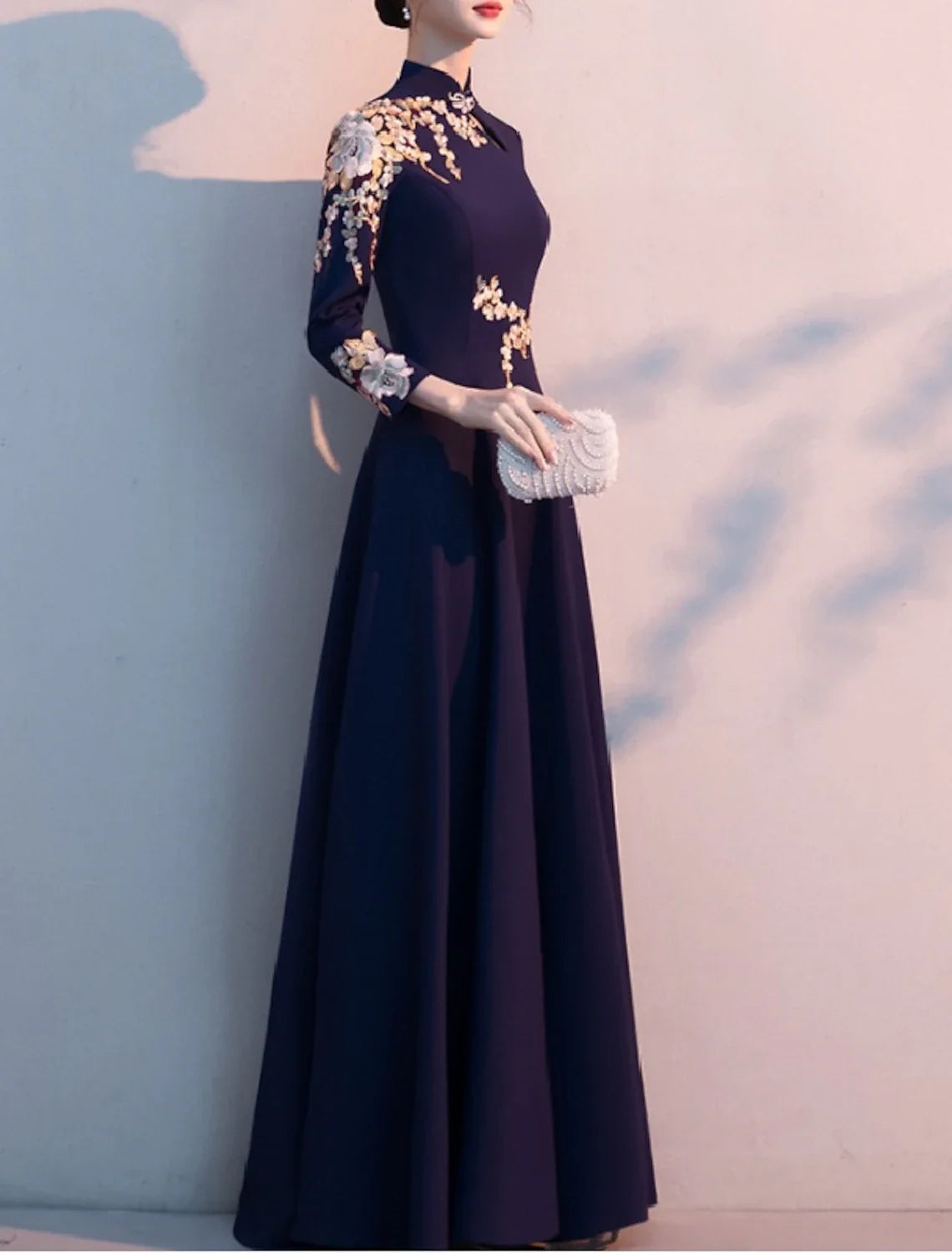 A-Line Mother of the Bride Dress Elegant Simple High Neck Floor Length Fabric Long Sleeve with Pleats Appliques