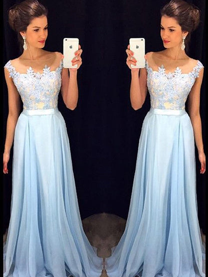 A-Line/Princess Sleeveless Sheer Neck Applique Chiffon Floor-Length Dresses